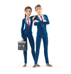 3d cartoon businesswoman leaning on businessman shoulder