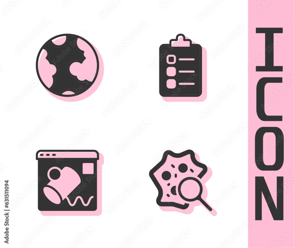 Poster set microorganisms under magnifier, earth globe, data visualisation and to do list planning icon. ve