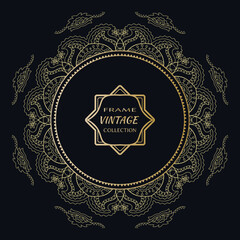 Golden frame template with label and Vintage sign. Decorative line art border, geometric round ornament, linear circular motif. Isolated design element, gold on black background. Elegant fashion lace