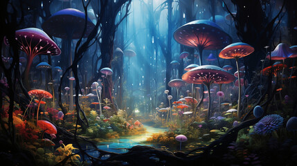 An otherworldly technicolor dreamscape with floating orbs, translucent creatures, and glowing plants forest
