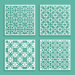 Obraz premium Templates for laser cutting, plotter cutting, printing. Square line patterns set. Geometric design cut out of paper. Mandala Islamic die cut ornament. Fretwork panels, cutout silhouette stencils