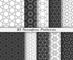 Seamless pattern set in arabic style. Stylish black and white graphic, geometric linear background. Line art texture for wallpaper, card, invitation, banner, fabric print. Ethnic eastern ornament