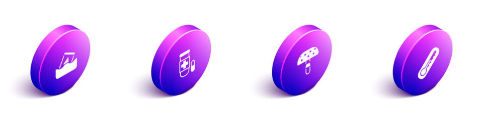 Set Isometric Radioactive waste in barrel, Antidote, Fly agaric mushroom and Thermometer icon. Vector