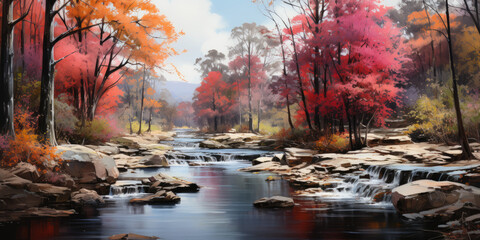 Autumn landscape. Fall foliage by a lake. Colorful leaves in October.
