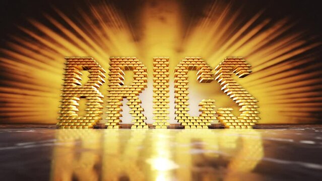 BRICS is an organization of the world's economies, and its acronym is a 3D rendering motion typographic representation of a stack of gold bars illuminated by a golden glow.