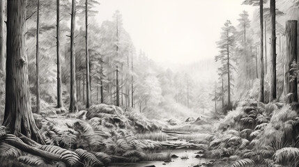 Hand drawn illustration using pencil medium of a forest with a small trail through it. The atmosphere of the forest during the day is foggy. The big trees are upright and tall.