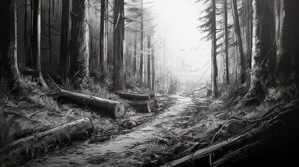 Deurstickers Hand drawn illustration using pencil medium of a forest with a small trail through it. The atmosphere of the forest during the day is foggy. The big trees are upright and tall. © Aisyaqilumar