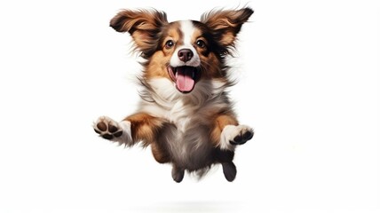 Happy dog jumping on white background
