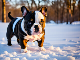 Hund im Schnee franz&ouml;sische Bulldogge