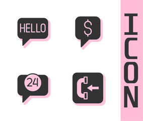 Set Incoming call phone, Hello different languages, Telephone 24 hours support and Paid icon. Vector