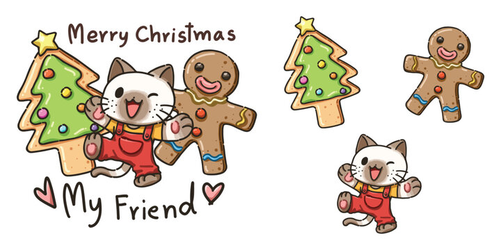 Cute design element cartoon, cartoon illustration of little cat, cookie and  gingerbread men for Christmas character elements, Cartoon illustration for children, Vector image.