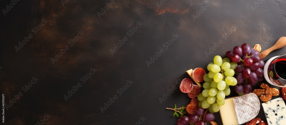 Poster red and white wine bottles, grape, cheese and sausages over stone table. top view with copy