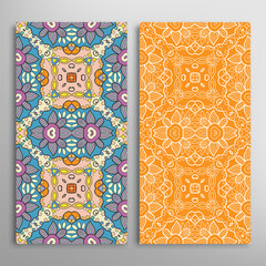 Vertical seamless patterns set, floral geometric lace texture for Wedding, Valentine's day, greeting card or Birthday Invitation. Decorative seamless doodle backgrounds. Ethnic ornament border pattern