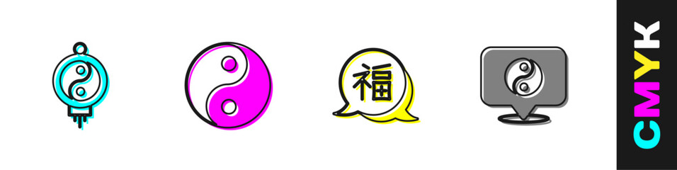Set Chinese paper lantern, Yin Yang symbol, New Year and icon. Vector