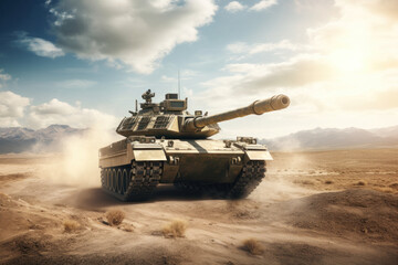 Battle-ready tank advances on deserted battlefield.