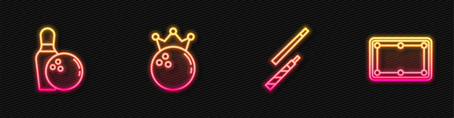 Set line Billiard cue, Bowling pin and ball, and table. Glowing neon icon. Vector