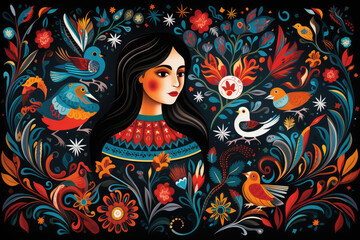 The artwork combines elements of traditional Mexican folk art and digital illustration ai generated