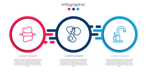 Set line Rolling pin on dough, Broken egg and Water tap. Business infographic template. Vector