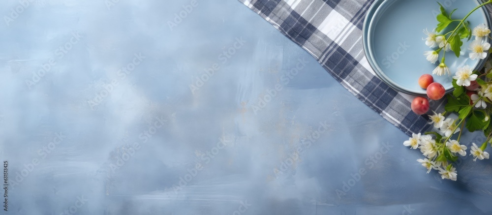 Poster the table setting background is a light plate placed on a blue stone table with a blue checked