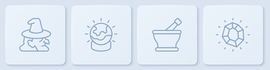 Set line Witch, Mortar and pestle, Magic ball and stone. White square button. Vector