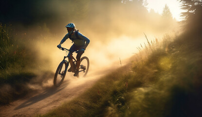 woman bicycle summer sunset sport walking bike cycling healthy dark forest. Generative AI.