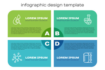 Set line Molecule, Drop and magnifying glass, Height geometrical figure and Test tube with toxic liquid. Business infographic template. Vector