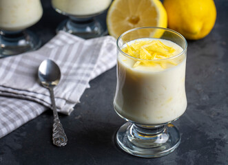 Traditional Delicious Turkish dessert; Lemon rice pudding (Turkish name; Limonlu Sutlac)
