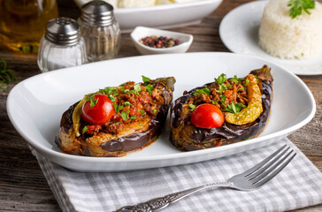 Traditional delicious Turkish food; Meat and Eggplant dish, (Turkish name; Karniyarik)