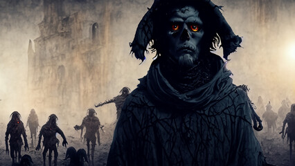 Dark fantasy illustration of scary vampire character, dark background. 4K wallpaper