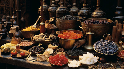 Fototapeta premium Food Market Historical Ancient Silk Road Concept Spices Herbs Fruits Apricot Dates Raisins Seeds Honey Tea Saffron Metal