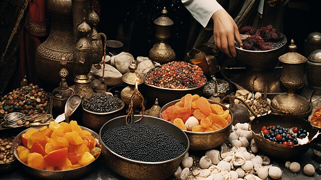 Food Market Merchant Selling Historical Ancient Silk Road Concept Spices Herbs Fruits Apricot Dates Raisins Seeds Honey Tea Saffron Metal