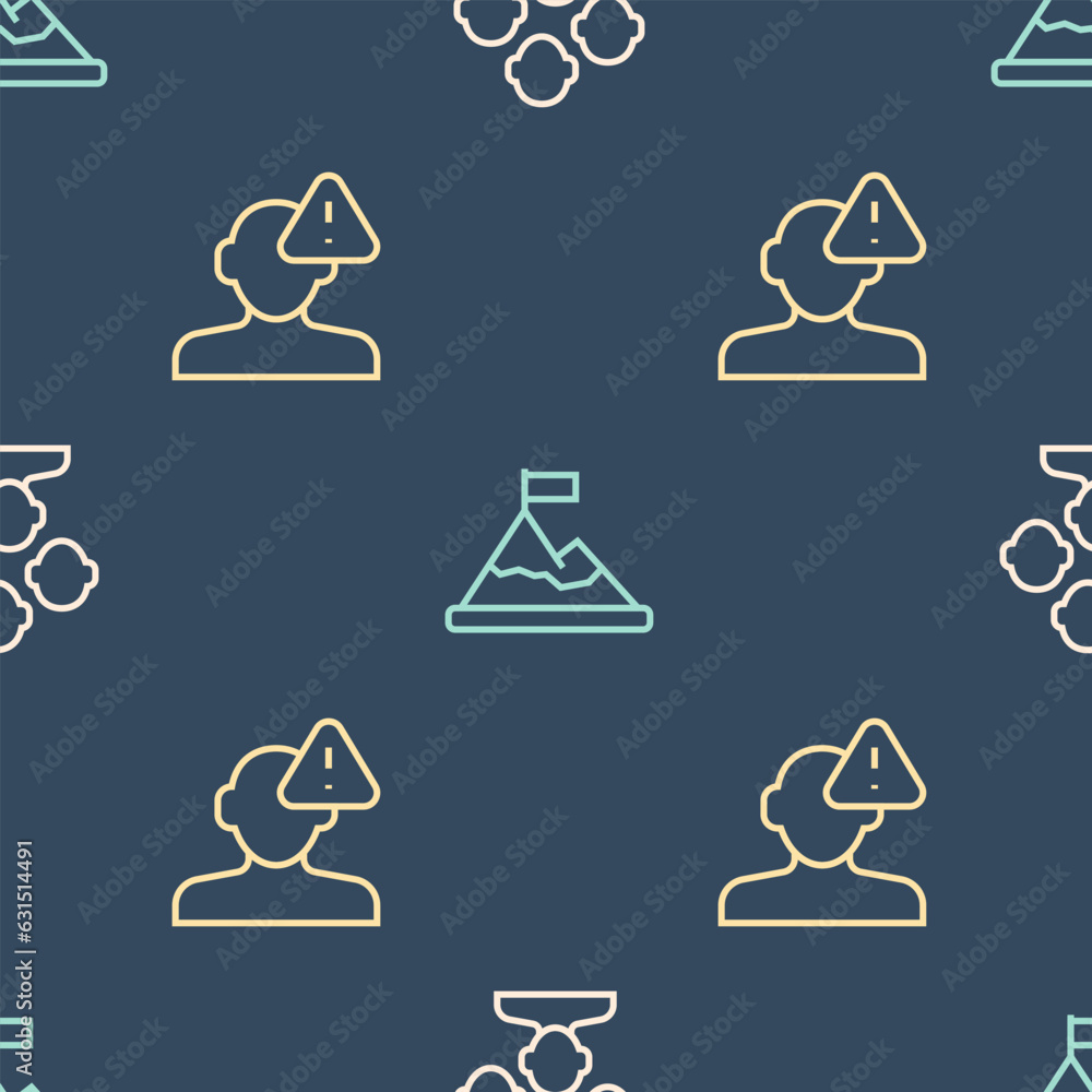 Poster set line schizophrenia, finding problem in psychology and mountains with flag on top on seamless pat