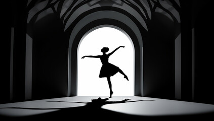 Silhouette of a ballerina against light. AI generated
