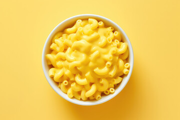 Delicious mac&cheese in white plate isolated on flat orange background with copy space, Mac and cheese 
 macaroni banner template.