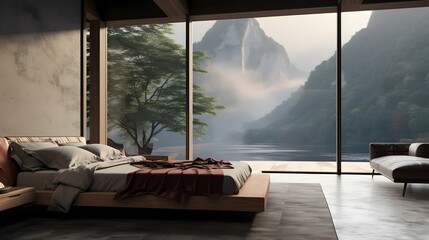 modern bedroom with a breathtaking view to foresrts and mountains. generative AI illustration.