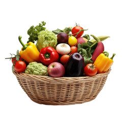 Organic produce in wicker basket on white backround.