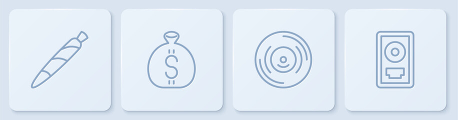 Set line Marijuana joint, spliff, Vinyl disk, Money bag and CD award frame. White square button. Vector