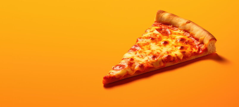 Triangular slice of pepperoni cheese pizza isolated on flat orange background with copy space, pizza banner template. 3d render illustration style.