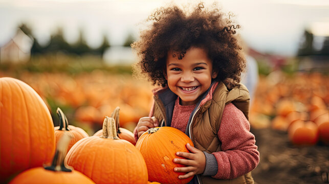 Happy child in a pumpkin patch in autumn. Halloween seasonal fall. Laughing toddler in October. Smiling kid.