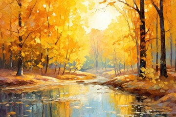 Beautiful autumn landscape with yellow autumn trees and sun oil painting. Colorful foliage in the forest. natural background - Generative AI