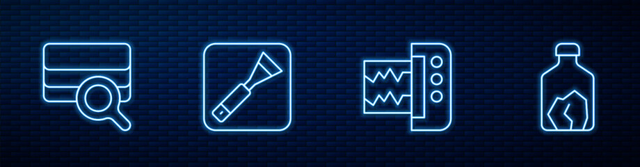 Set line Seismograph, Soil analysis, Paint brush and Ore mining. Glowing neon icon on brick wall. Vector