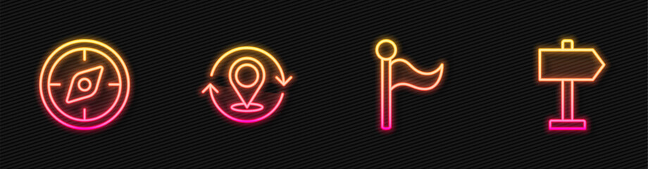 Set line Flag, Compass, Map pin and Road traffic sign. Glowing neon icon. Vector