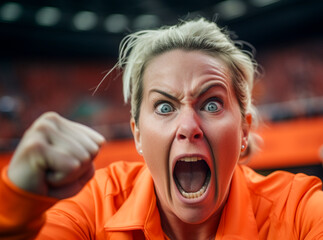 Dutch female football soccer fans in a World Cup stadium supporting the national team
