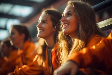Dutch female football soccer fans in a World Cup stadium supporting the national team
