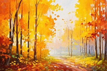 Naklejka na ściany i meble Beautiful autumn landscape with orange, green and yellow autumn trees and sun oil painting. Colorful foliage in the forest. natural background - Generative AI
