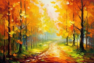 Beautiful autumn landscape with orange, green and yellow autumn trees and sun oil painting. Colorful foliage in the forest. natural background - Generative AI