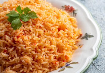 Traditional delicious Turkish food; rice pilaf with tomatoes (Turkish name; Domatesli pirinc pilavi)