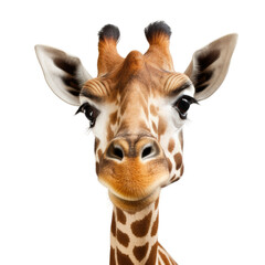 Fototapeta premium Curious giraffe peers above, isolated on white backround.