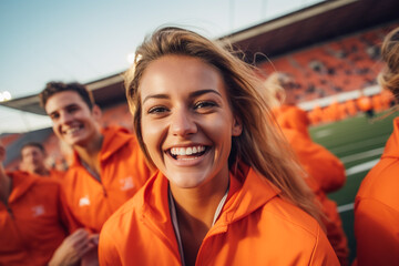 Dutch female football soccer fans in a World Cup stadium supporting the national team
