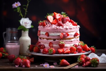 Strawberry Cake on a Light Background Food Photography, Generative Ai